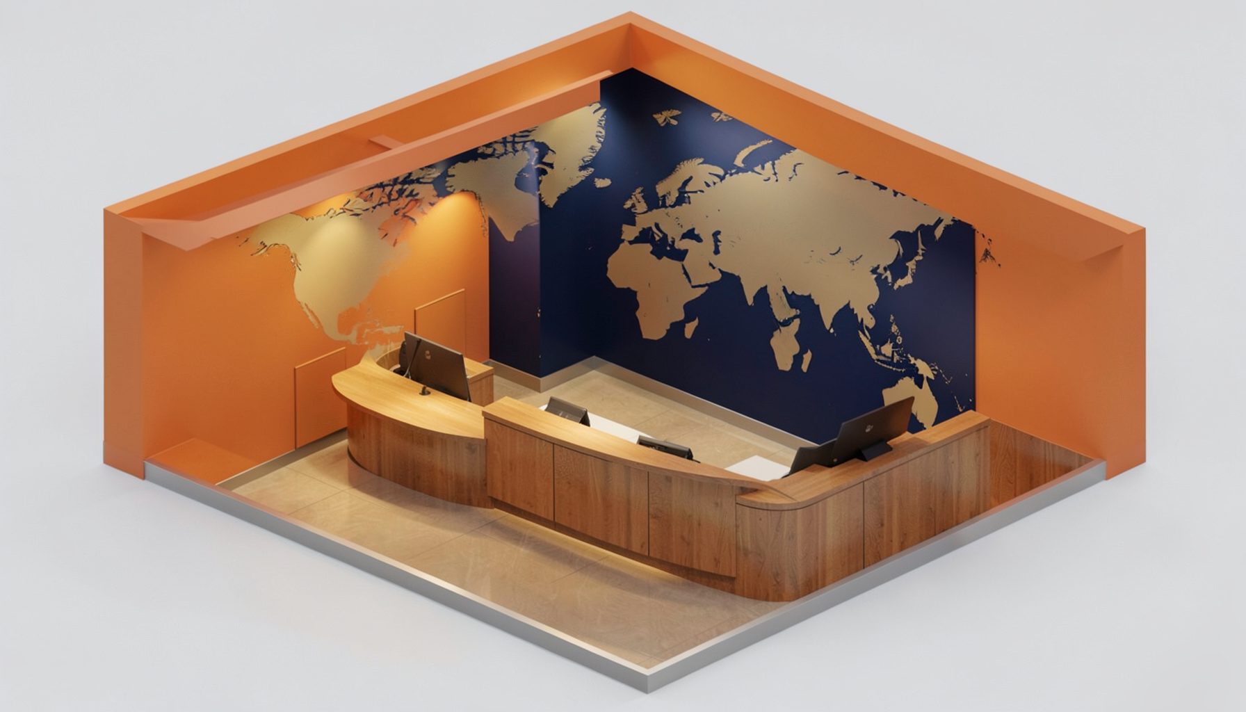 Isometric 3D render of a modern airline ticket office interior with a curved wooden service counter and soft overhead lighting