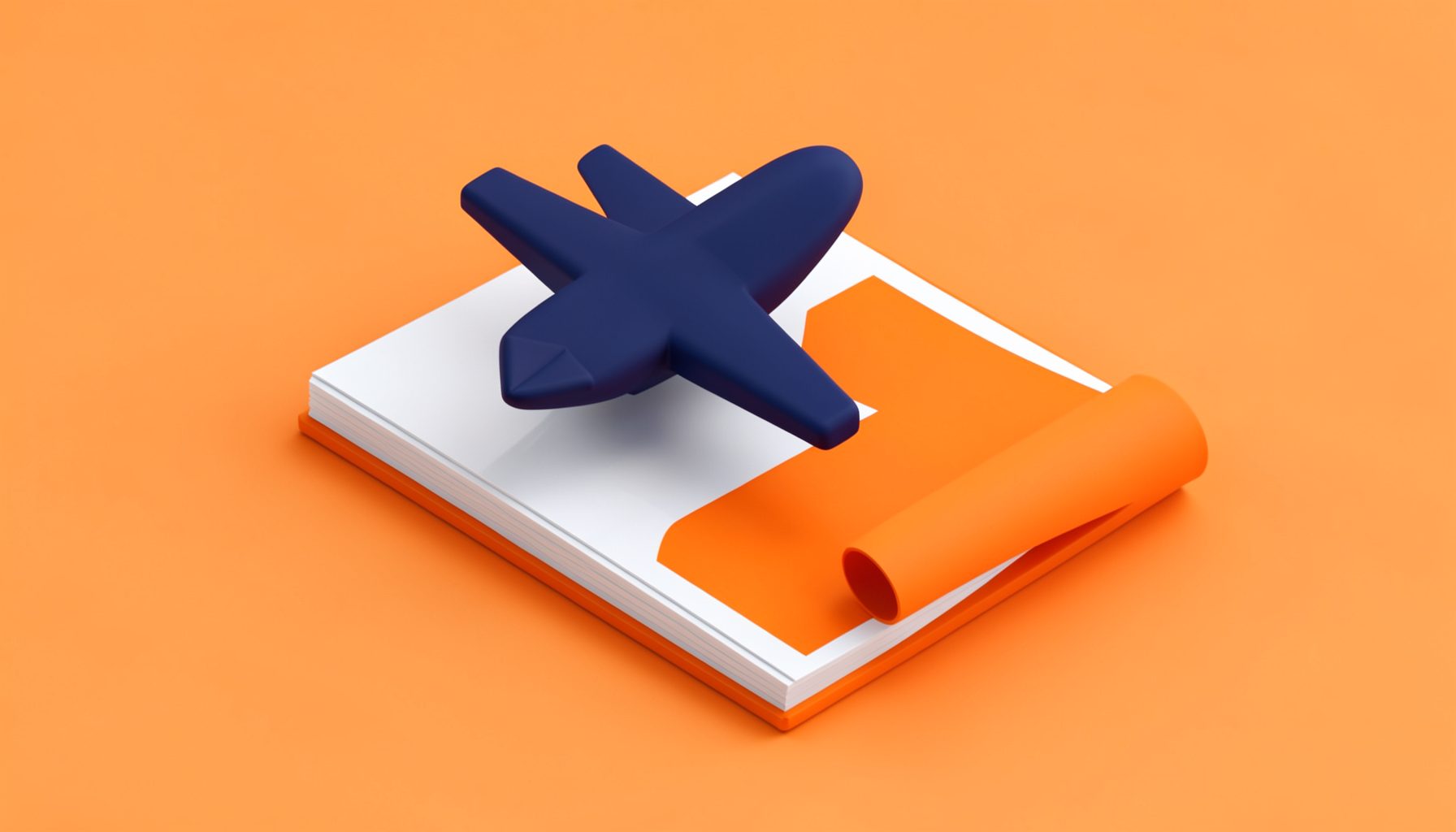 Isometric 3D render of a navy blue airplane icon flying over a stack of open notebook pages and a rolled orange travel map