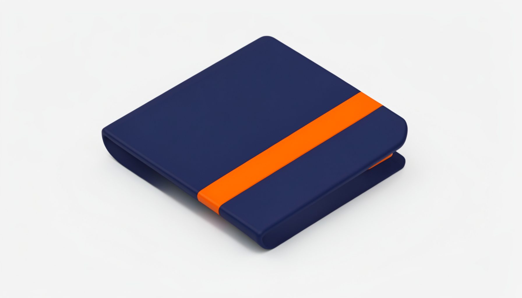Isometric 3D render of a navy blue passport icon with orange accent stripe