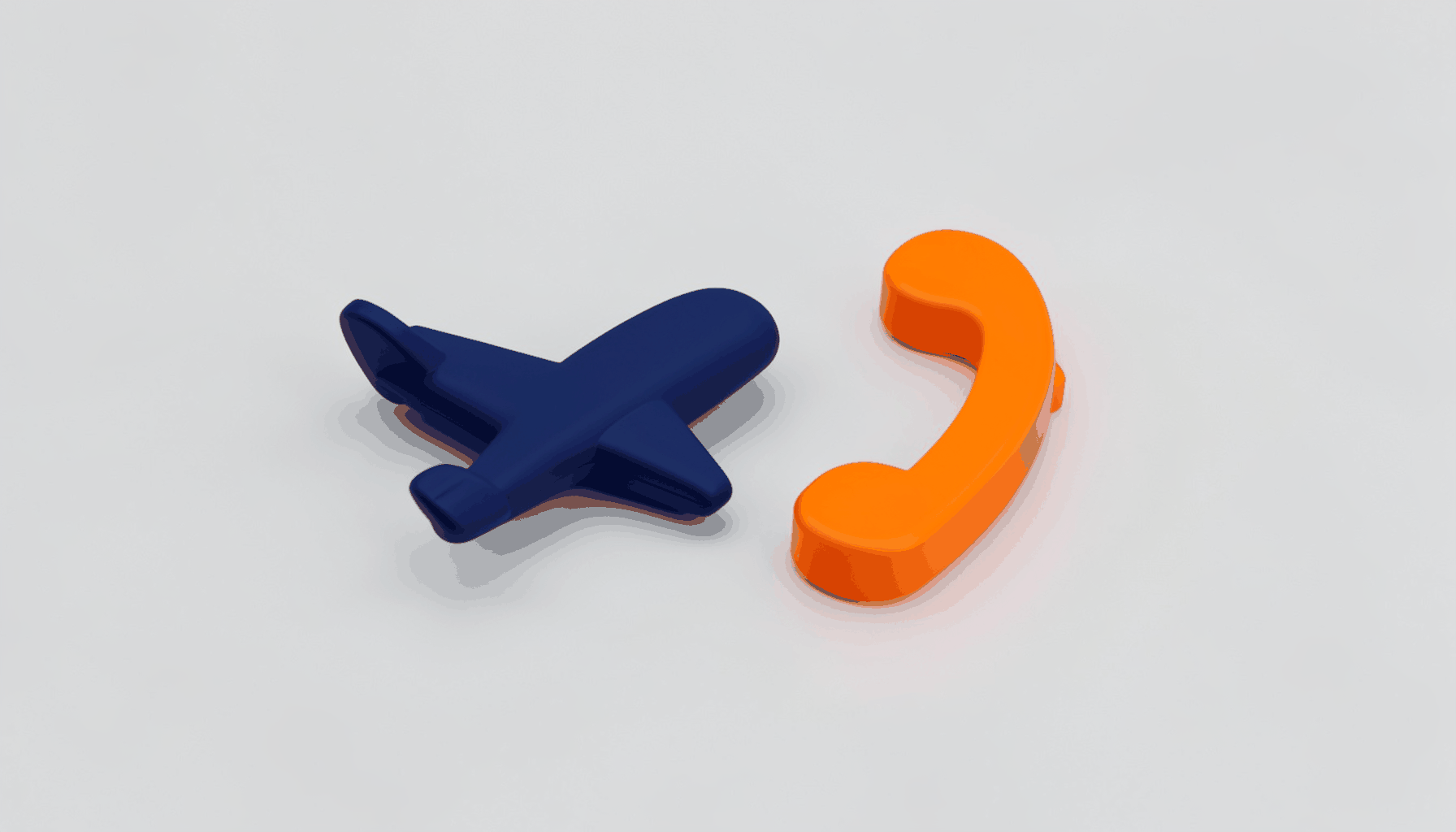 Isometric 3D render of a small navy blue passenger airplane icon beside an orange telephone handset icon on a light gray background