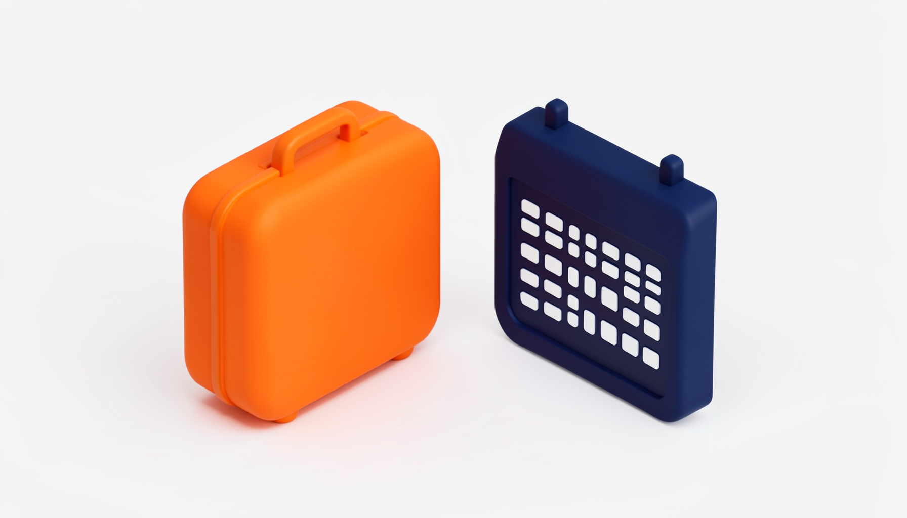 Isometric 3D render of an orange luggage suitcase icon next to a navy blue booking calendar icon, minimal flat travel style