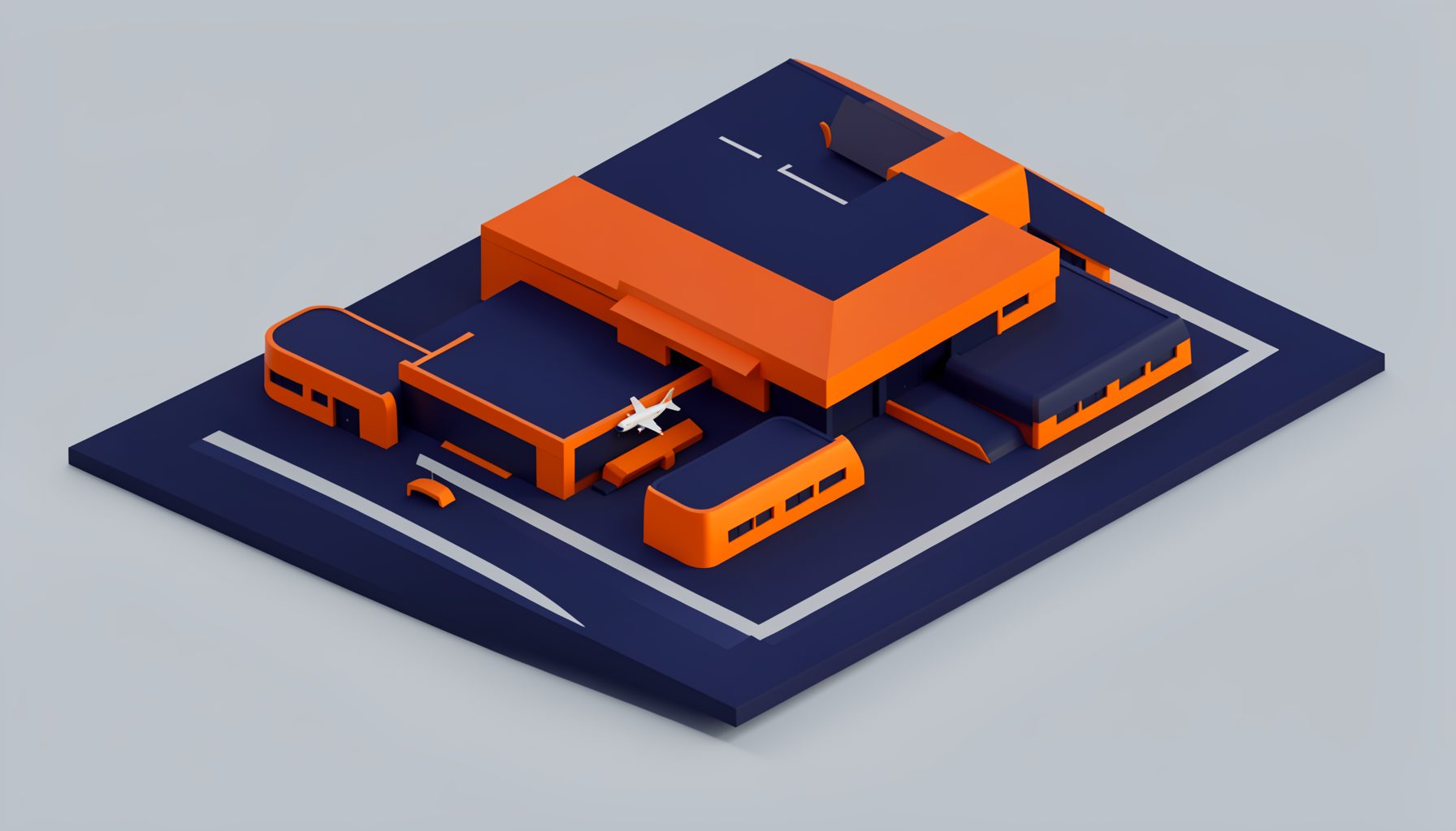 Isometric 3D render of a stylized airport terminal in deep navy blue and vivid orange tones, with a small toy-like airplane near the entrance, calm and organized travel mood